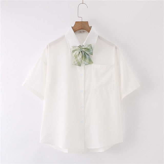 Women Summer Blouses Shirt Short Sleeve Solid White Tops With Tie