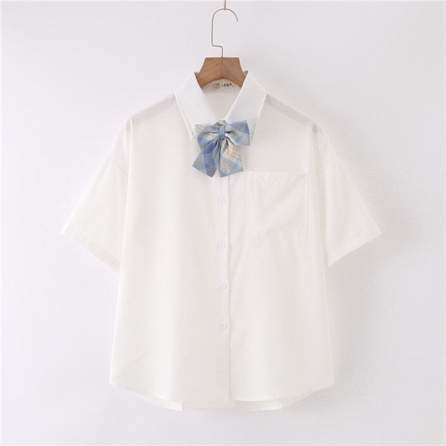 Women Summer Blouses Shirt Short Sleeve Solid White Tops With Tie