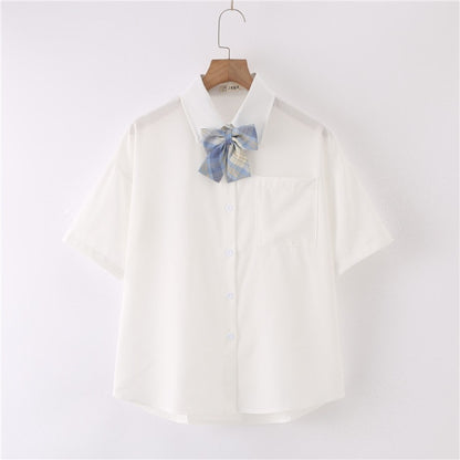 Women Summer Blouses Shirt Short Sleeve Solid White Tops With Tie