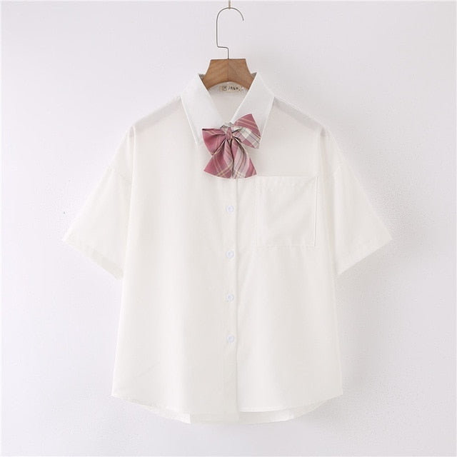 Women Summer Blouses Shirt Short Sleeve Solid White Tops With Tie