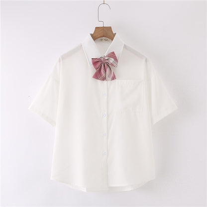 Women Summer Blouses Shirt Short Sleeve Solid White Tops With Tie