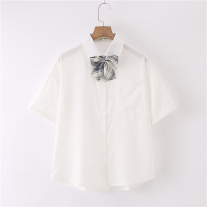 Women Summer Blouses Shirt Short Sleeve Solid White Tops With Tie