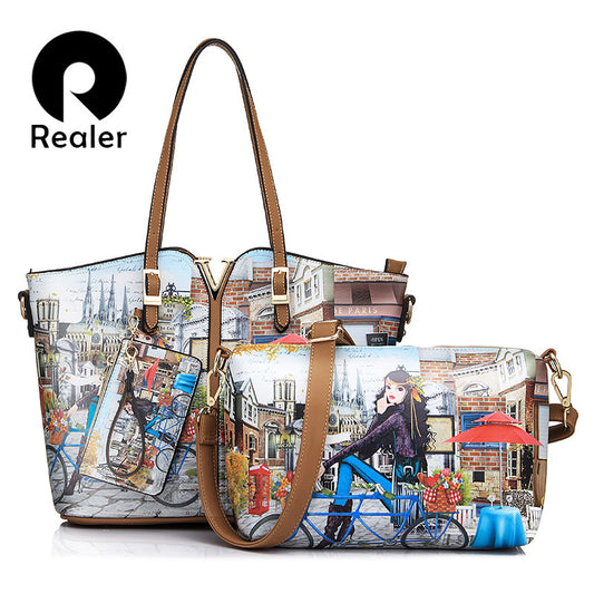 Realer Brand 3-Sets Printed Handbag Women Large Shoulder Bag High Quality PU Leather - Shopy Max
