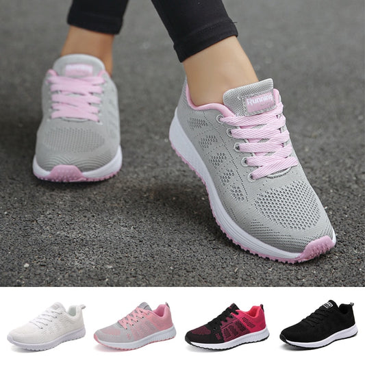 Tennis Shoes For Women Fashion Casual Shoes Lace-Up Breathable Mesh Round Cross Strap Flat Sneakers