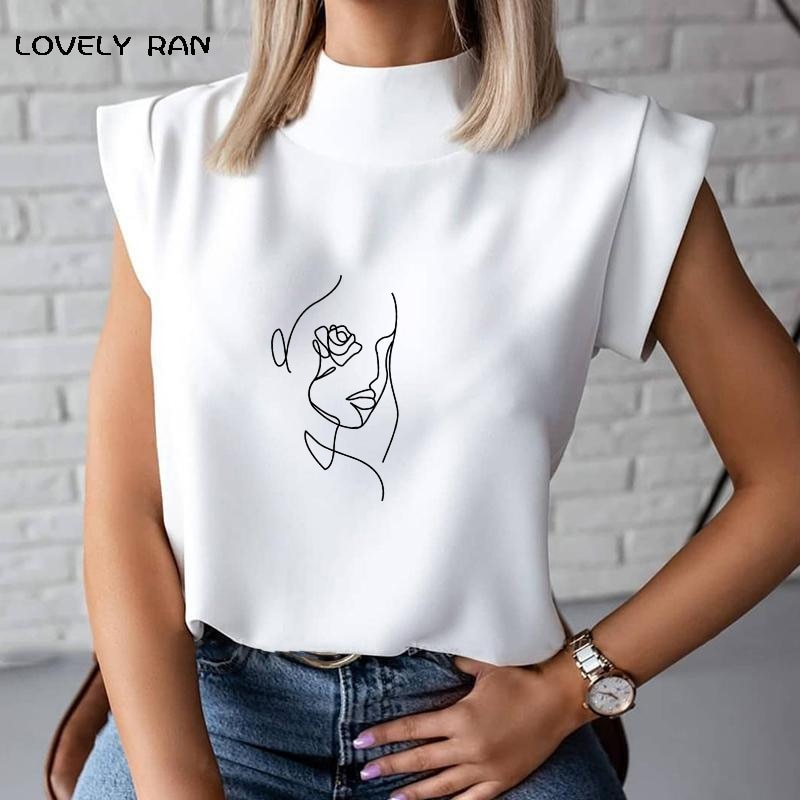 Women's Blouse Thin Abstract Art Rose Face Print O-Neck Short Sleeve White