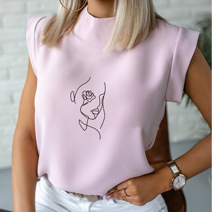 Women's Blouse Thin Abstract Art Rose Face Print O-Neck Short Sleeve White