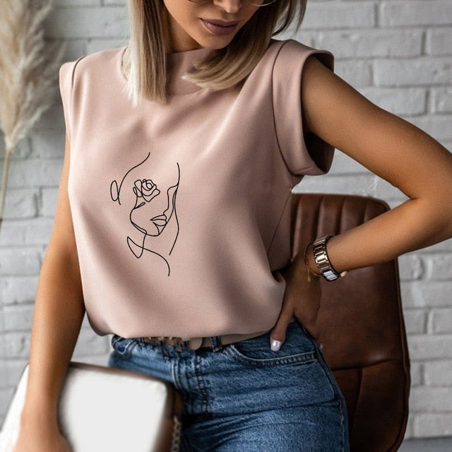 Women's Blouse Thin Abstract Art Rose Face Print O-Neck Short Sleeve White