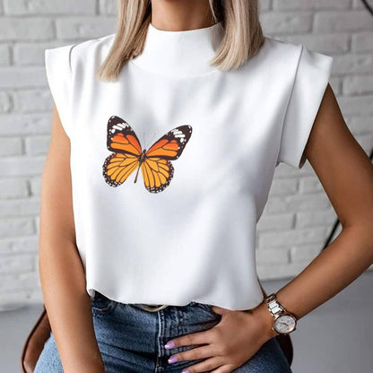 Women's Blouse Thin Abstract Art Rose Face Print O-Neck Short Sleeve White