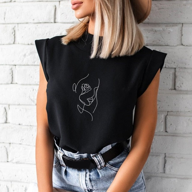 Women's Blouse Thin Abstract Art Rose Face Print O-Neck Short Sleeve White