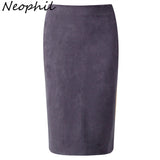 Neophil 2016 Winter Gray Army Green Women Suede Midi Pencil Skirts Causal High Waist