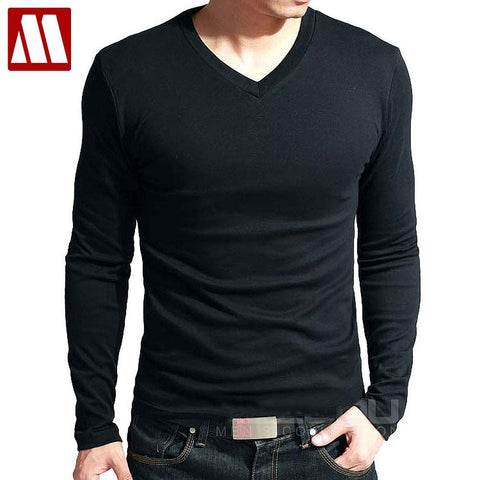 Hot Sale New spring high-elastic cotton t-shirts men's long sleeve v neck tight t shirt