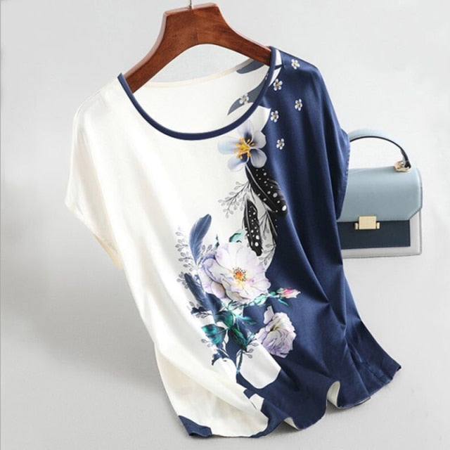 Fashion Floral Print Blouse Pullover Ladies Silk Satin Blouses Plus Size