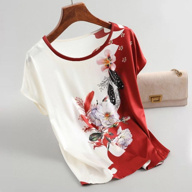 Fashion Floral Print Blouse Pullover Ladies Silk Satin Blouses Plus Size