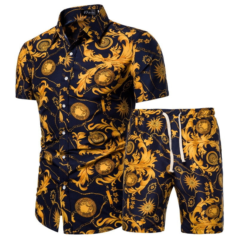 2020 Summer New Men's Clothing Short-sleeved Printed Shirts Shorts 2 Piece Fashion Male Casual Beach Wear Clothes - Shopy Max