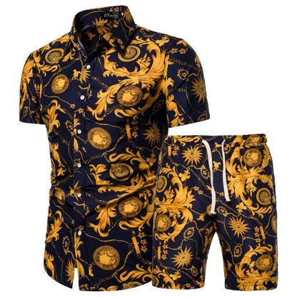 2020 Summer New Men's Clothing Short-sleeved Printed Shirts Shorts 2 Piece Fashion Male Casual Beach Wear Clothes - Shopy Max