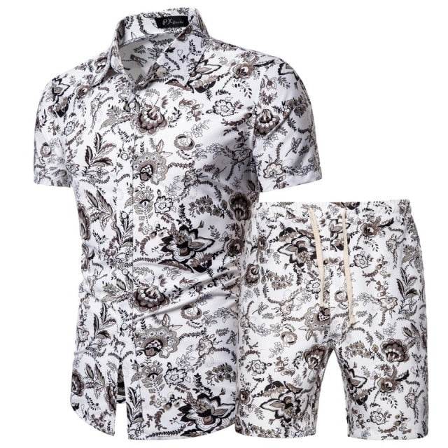 2020 Summer New Men's Clothing Short-sleeved Printed Shirts Shorts 2 Piece Fashion Male Casual Beach Wear Clothes - Shopy Max