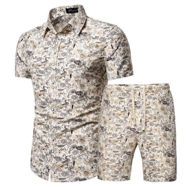 2020 Summer New Men's Clothing Short-sleeved Printed Shirts Shorts 2 Piece Fashion Male Casual Beach Wear Clothes - Shopy Max