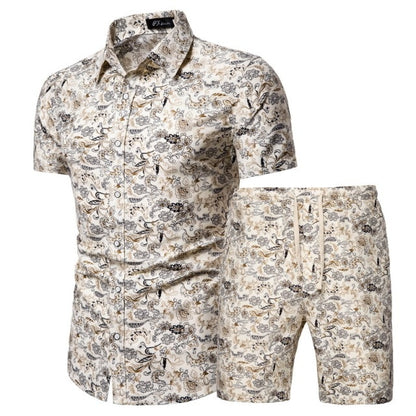 2020 Summer New Men's Clothing Short-sleeved Printed Shirts Shorts 2 Piece Fashion Male Casual Beach Wear Clothes - Shopy Max