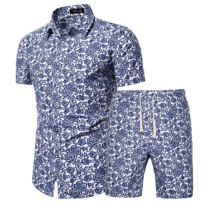 2020 Summer New Men's Clothing Short-sleeved Printed Shirts Shorts 2 Piece Fashion Male Casual Beach Wear Clothes - Shopy Max