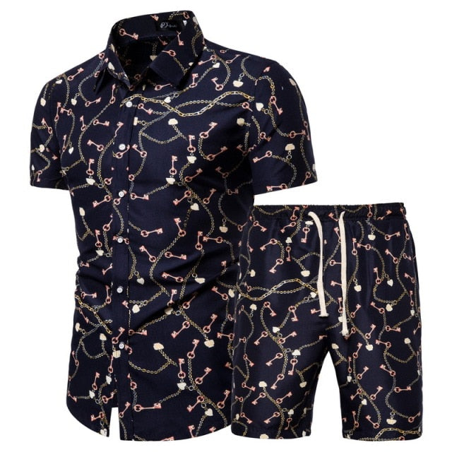 2020 Summer New Men's Clothing Short-sleeved Printed Shirts Shorts 2 Piece Fashion Male Casual Beach Wear Clothes - Shopy Max