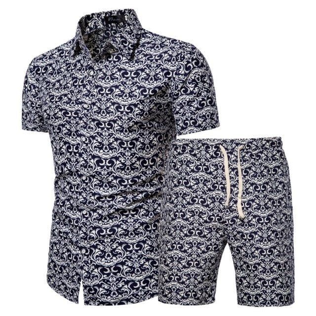 2020 Summer New Men's Clothing Short-sleeved Printed Shirts Shorts 2 Piece Fashion Male Casual Beach Wear Clothes - Shopy Max