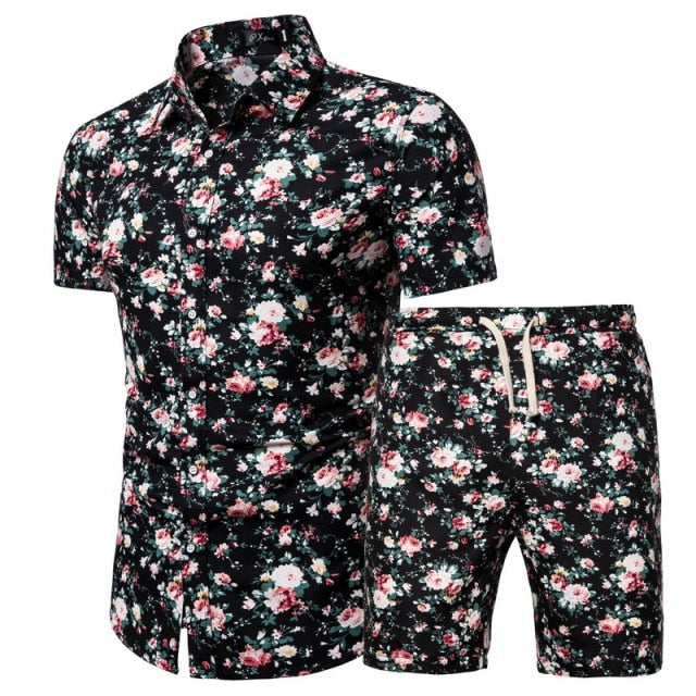 2020 Summer New Men's Clothing Short-sleeved Printed Shirts Shorts 2 Piece Fashion Male Casual Beach Wear Clothes - Shopy Max