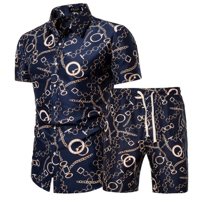 2020 Summer New Men's Clothing Short-sleeved Printed Shirts Shorts 2 Piece Fashion Male Casual Beach Wear Clothes - Shopy Max
