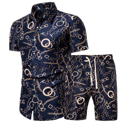 2020 Summer New Men's Clothing Short-sleeved Printed Shirts Shorts 2 Piece Fashion Male Casual Beach Wear Clothes - Shopy Max