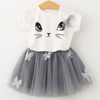 2021 Summer Girls' Clothing Sets Denim Flower Embroidered Lapel Top+Net Yarn Skirt 2PCS Suit Princess Baby Kids Children Clothes