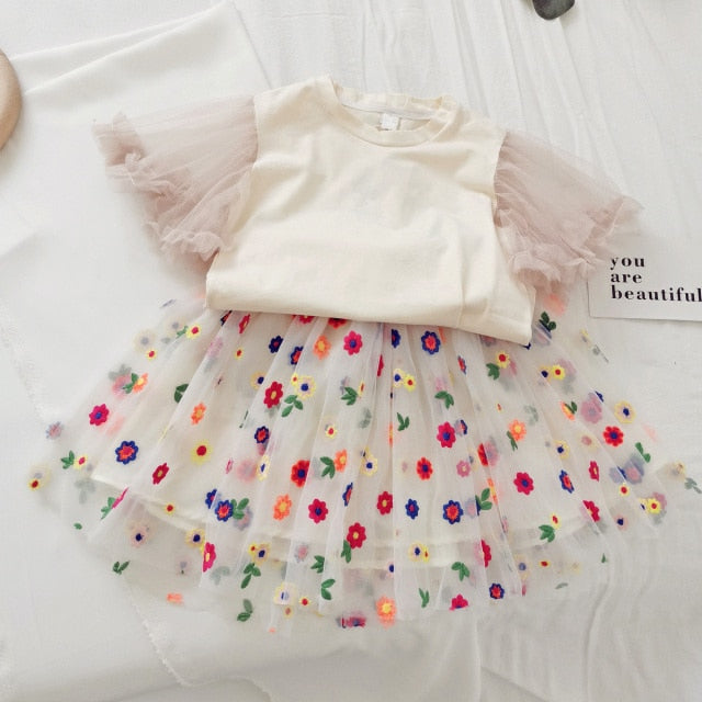 2021 Summer Girls' Clothing Sets Denim Flower Embroidered Lapel Top+Net Yarn Skirt 2PCS Suit Princess Baby Kids Children Clothes