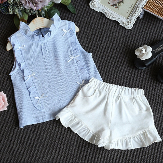 2021 Summer Girls' Clothing Sets Denim Flower Embroidered Lapel Top+Net Yarn Skirt 2PCS Suit Princess Baby Kids Children Clothes