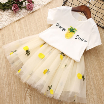 2021 Summer Girls' Clothing Sets Denim Flower Embroidered Lapel Top+Net Yarn Skirt 2PCS Suit Princess Baby Kids Children Clothes