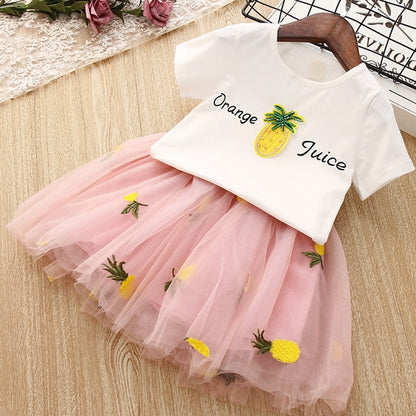 2021 Summer Girls' Clothing Sets Denim Flower Embroidered Lapel Top+Net Yarn Skirt 2PCS Suit Princess Baby Kids Children Clothes