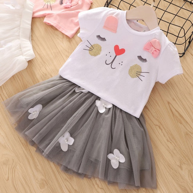 2021 Summer Girls' Clothing Sets Denim Flower Embroidered Lapel Top+Net Yarn Skirt 2PCS Suit Princess Baby Kids Children Clothes