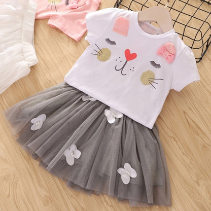 2021 Summer Girls' Clothing Sets Denim Flower Embroidered Lapel Top+Net Yarn Skirt 2PCS Suit Princess Baby Kids Children Clothes