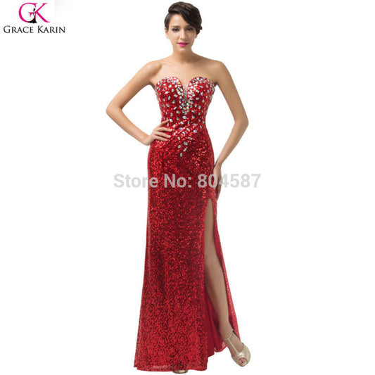 Long Red Evening Dress 2016 Robes De Soiree Grace Karin Glitter Strapless V