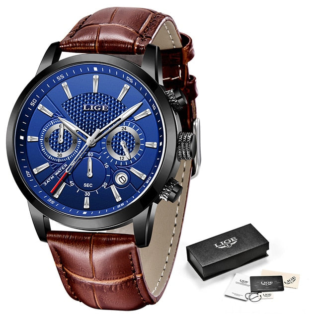 2021 New Mens Watches LIGE Top Brand Leather Chronograph Waterproof Sport
