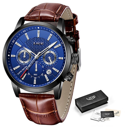 2021 New Mens Watches LIGE Top Brand Leather Chronograph Waterproof Sport