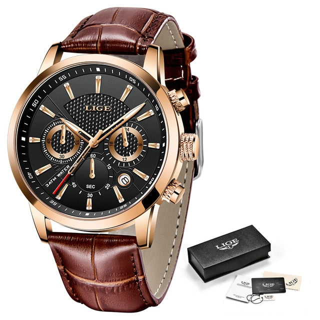 2021 New Mens Watches LIGE Top Brand Leather Chronograph Waterproof Sport