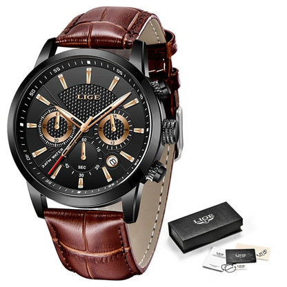 2021 New Mens Watches LIGE Top Brand Leather Chronograph Waterproof Sport