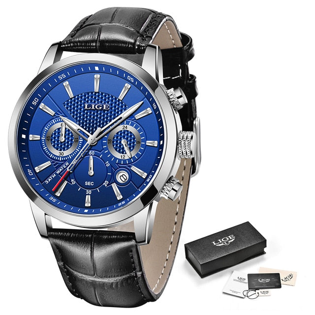 2021 New Mens Watches LIGE Top Brand Leather Chronograph Waterproof Sport