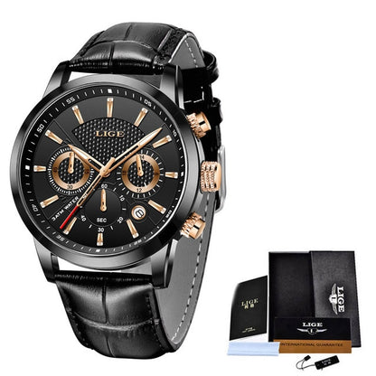 2021 New Mens Watches LIGE Top Brand Leather Chronograph Waterproof Sport