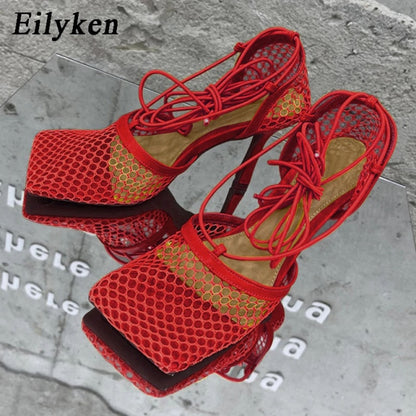 Eilyken 2021 New Sexy Yellow Mesh Pumps Sandals Female Square Toe high heel