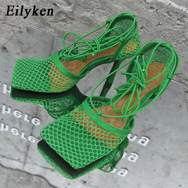 Eilyken 2021 New Sexy Yellow Mesh Pumps Sandals Female Square Toe high heel