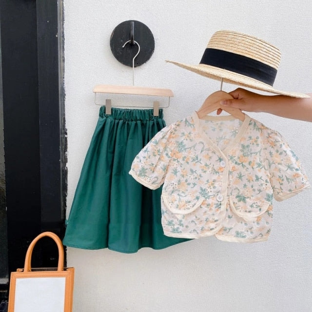 2021 Summer Girls' Clothing Sets Denim Flower Embroidered Lapel Top+Net Yarn Skirt 2PCS Suit Princess Baby Kids Children Clothes