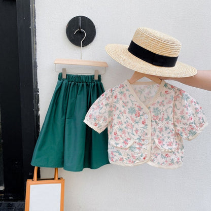 2021 Summer Girls' Clothing Sets Denim Flower Embroidered Lapel Top+Net Yarn Skirt 2PCS Suit Princess Baby Kids Children Clothes