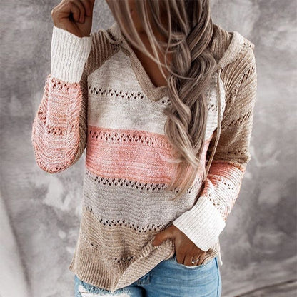 Autumn Women Patchwork Hooded Sweater Long Sleeve V-neck Knitted Sweater