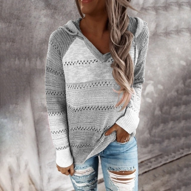 Autumn Women Patchwork Hooded Sweater Long Sleeve V-neck Knitted Sweater