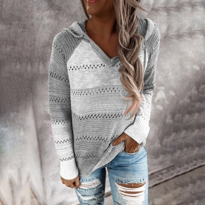 Autumn Women Patchwork Hooded Sweater Long Sleeve V-neck Knitted Sweater