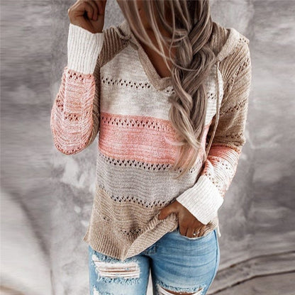 Autumn Women Patchwork Hooded Sweater Long Sleeve V-neck Knitted Sweater
